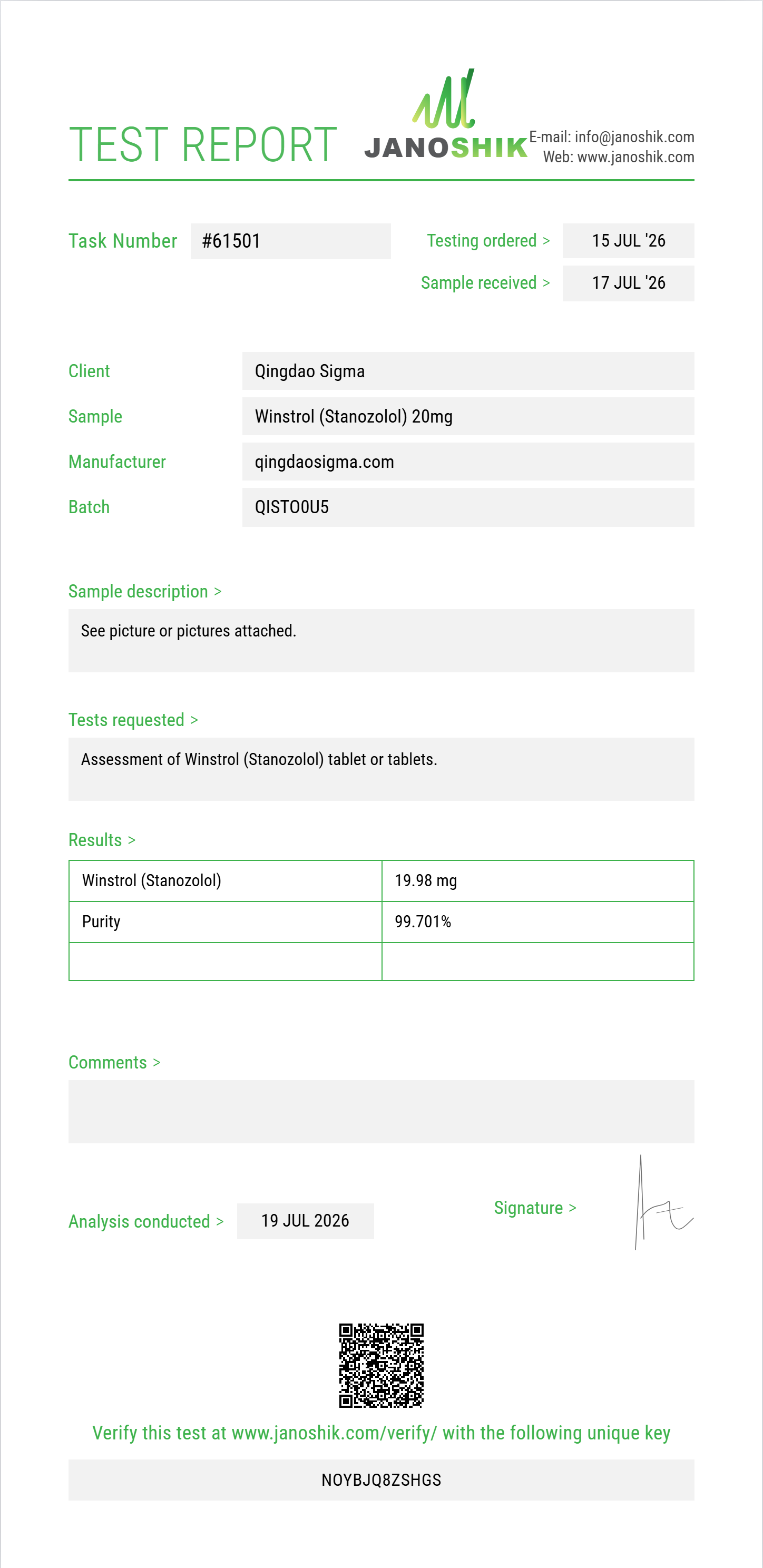 Winstrol (Stanozolol) Purity (HPLC) report by Janoshik Analytical