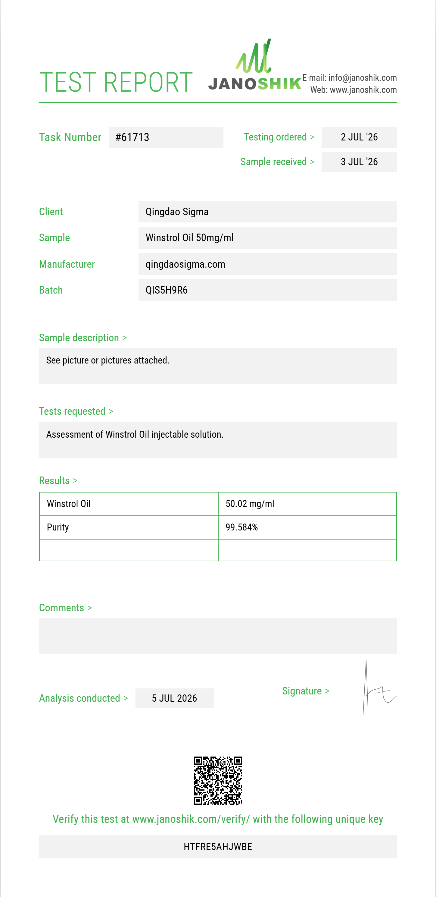 Winstrol Oil Purity (HPLC) report by Janoshik Analytical