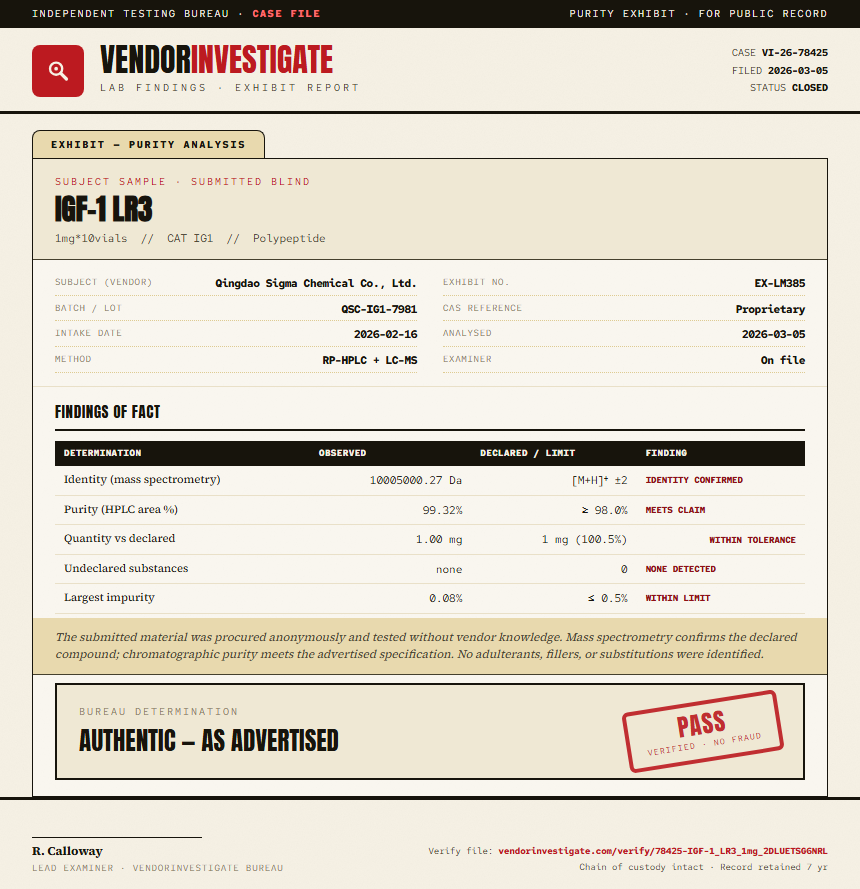 IGF-1 LR3 Purity (HPLC) report by VendorInvestigate