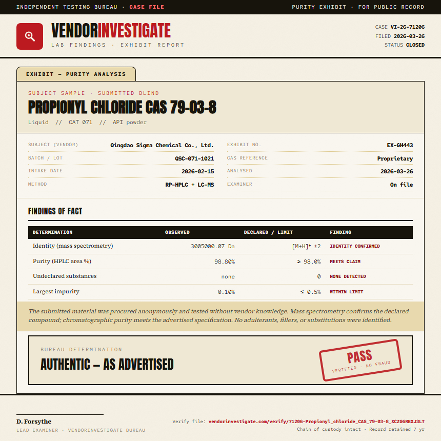 Propionyl chloride CAS 79-03-8 Purity (HPLC) report by VendorInvestigate